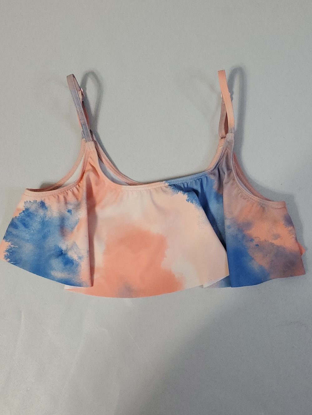 Roxy NWOT Peach and Blue Tie-Dye Flutter Style Swim Top Adjust. Straps Girls 12